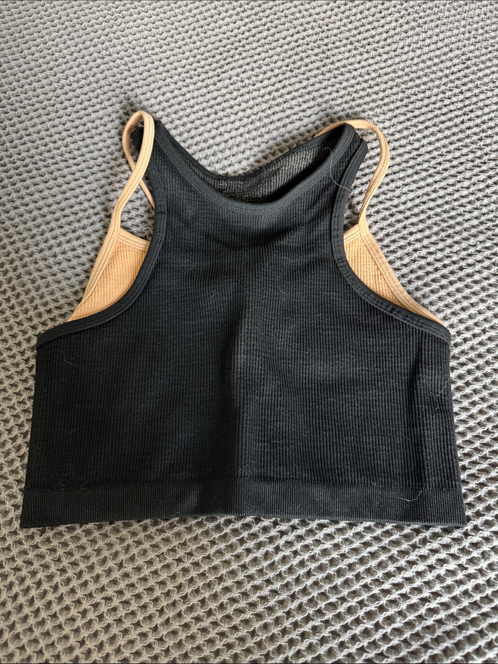FP Movement by Free People Black Ribbed Crop Tank with Beige Straps